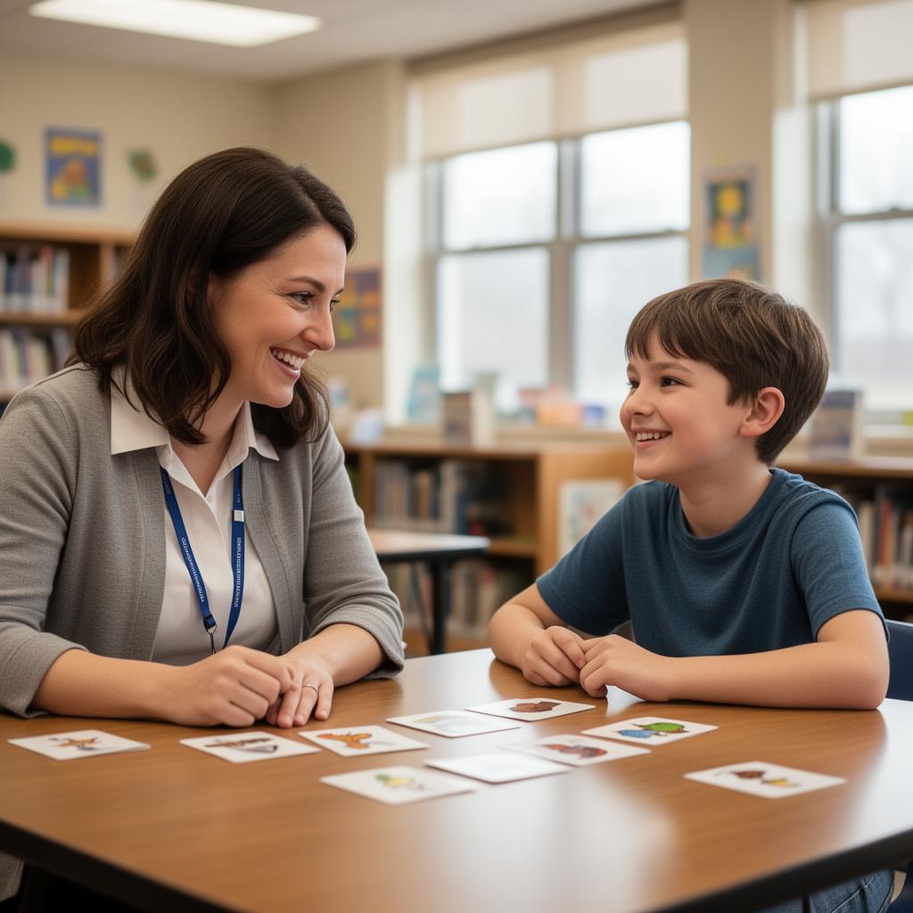 Tween with speech pathologist at school